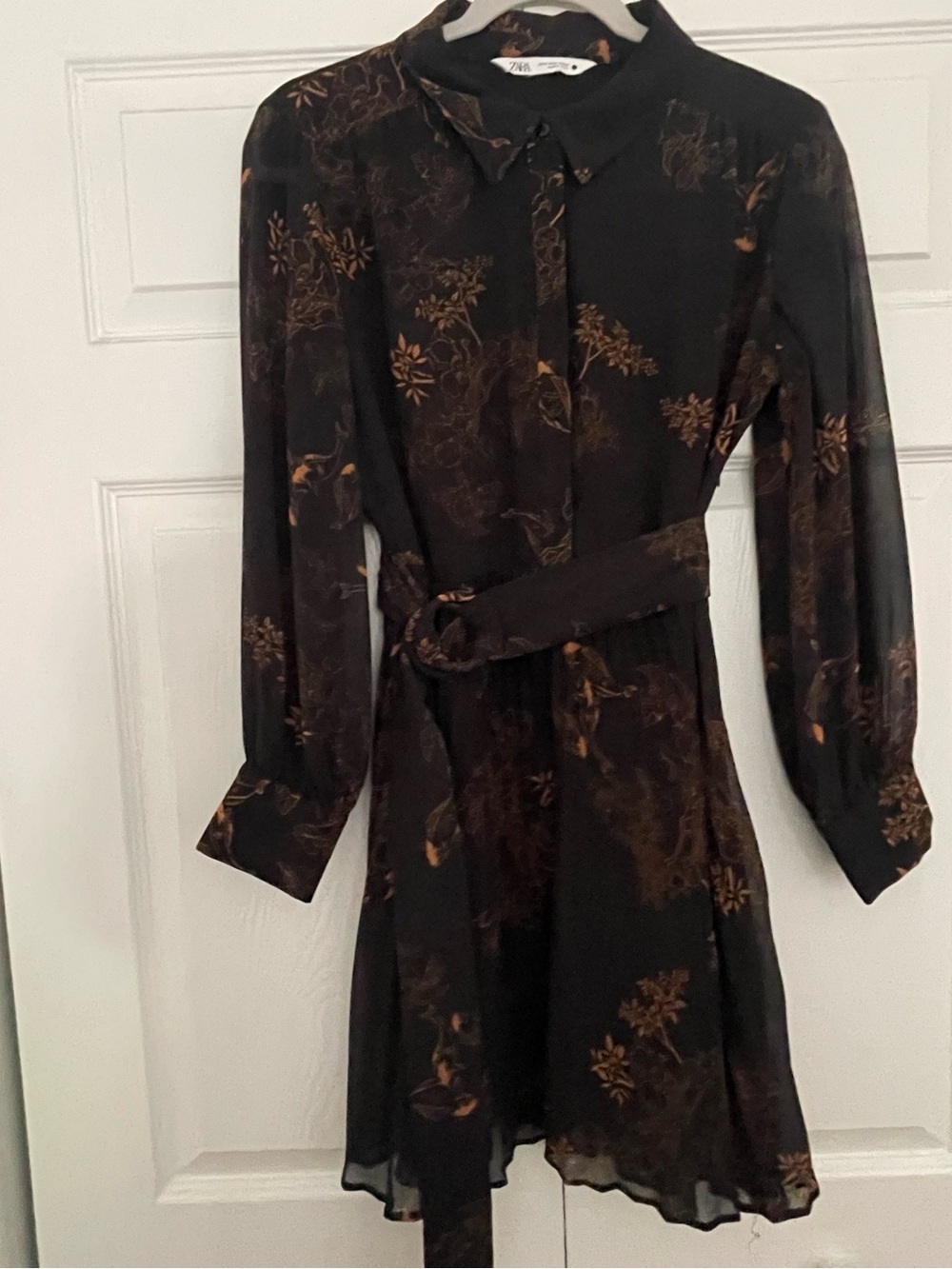 Zara Black Orange Floral Long-Sleeve Pleated Belted Dress